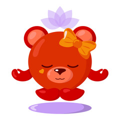 Funny cute kawaii meditating bear with lotus flower over head and round body in flat design with shadows. Isolated meditation animal vector illustration	