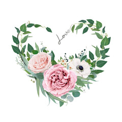 Vector art floral heart shape watercolor bouquet illustration. Mauve peach pink garden roses, anemone flower, tender creamy wax flower, eucalyptus greenery, leaves, sage green herbs and lovely berries © Alewiena