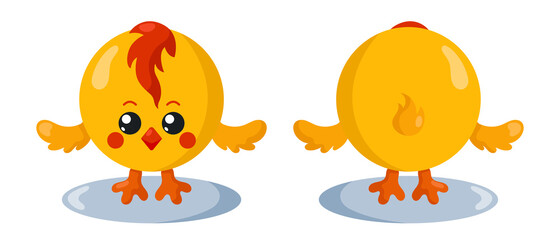 Funny cute kawaii chick with round body in flat design with shadows, front and back. Isolated animal vector illustration	