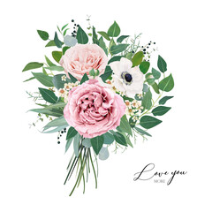 Vector, editable floral watercolor style bouquet illustration. Stylish, elegant mauve, dusty pink garden roses, anemone, lovely, creamy wax flowers, greenery eucalyptus leaves, green herbs and berries © Alewiena