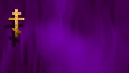 Liturgic purple velvet with golden Christian Russian Orthodox Cross. 3D animation loop background for worship live stream church sermon. Concept for Cross of Our Lord, Lent, Great and Holy Thursday.