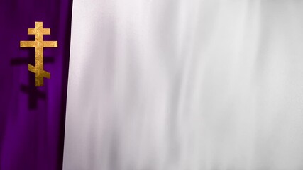 Liturgic purple white silk with golden Christian Russian Orthodox Cross. 3D animation loop background for worship live stream church sermon. Concept of Cross of Our Lord, Lent, Great and Holy Thursday