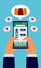 online shopping technology with hands using smartphone and bags