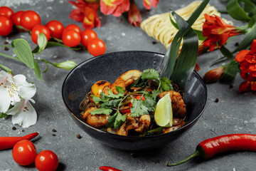 Japanese food: Soba noodles with chicken and vegetables