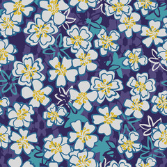 Light flowers seamless vector pattern on blue. Surface print design for fabrics, stationery, scrapbook paper, gift wrap, textiles, backgrounds, home decor, wallpaper, and packaging.