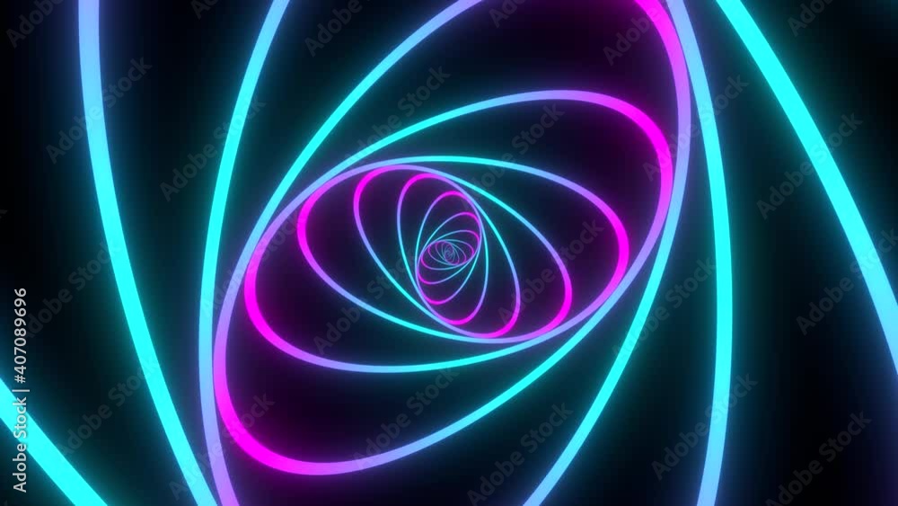 Poster minimal thin fluorescent spiral in infinite rotation. funky holographic backdrop in retrowave style.