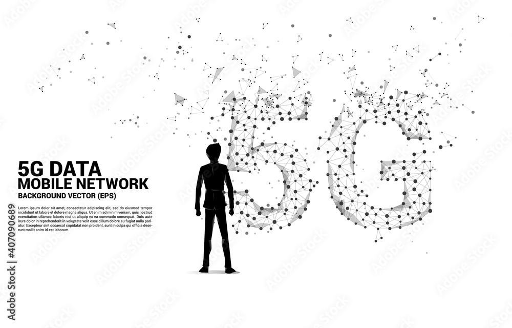 Poster Silhouette of businessman and Polygon dot connect line shaped 5G mobile networking. Concept for mobile sim card technology and network.