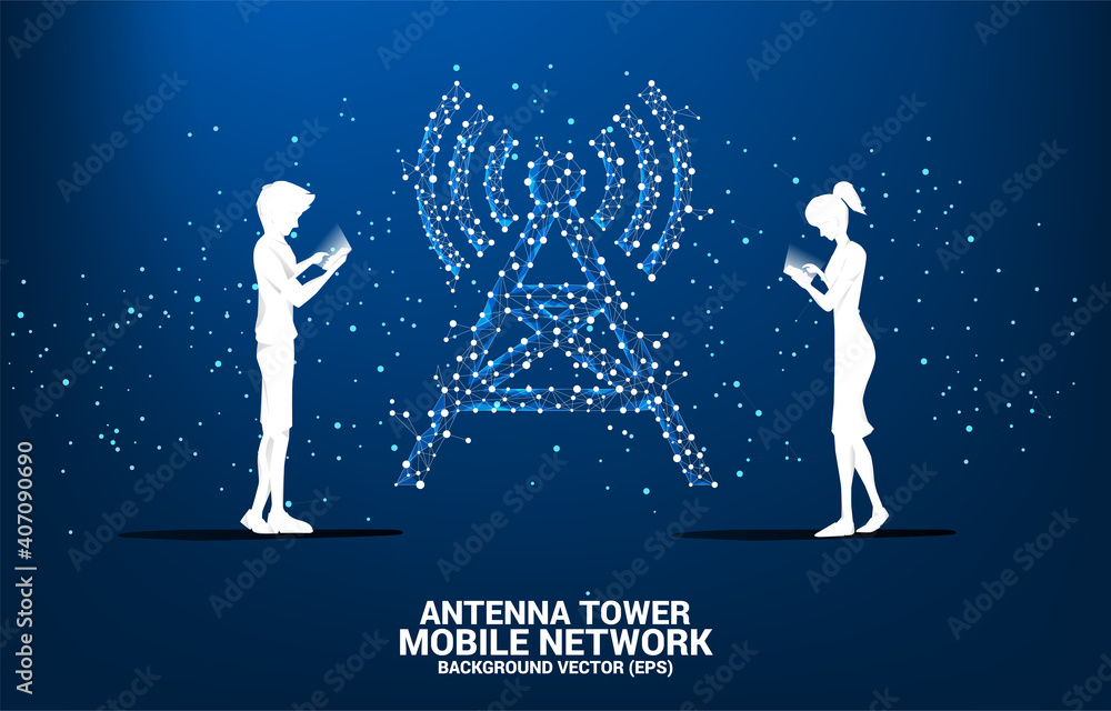 Poster Silhouette of man and woman use mobile phone with Antenna Tower icon polygon style from dot and line connection. Concept of telecommunication mobile and data technology