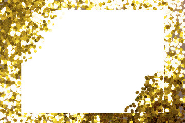 Festive background with blank white paper card on golden confetti. Holiday or Invitation concept. Place for text. Flat lay, view from above.