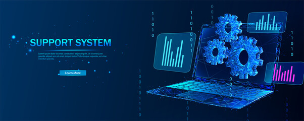 Technical support system. Remote access and control of a desktop computer or laptop via an Internet connection.  Software development. Abstract vector in futuristic polygonal style with wireframe.  - obrazy, fototapety, plakaty