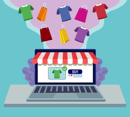 online shopping technology in laptop with shirts and bags