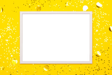Festive background with blank white photo frame on yellow with scattered confetti. Mock up for...