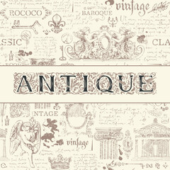 Fototapeta na wymiar Vector banner for an antique shop with an ornate inscription ANTIQUE on an abstract monochrome background in a vintage style. Suitable for flyer, label, design element