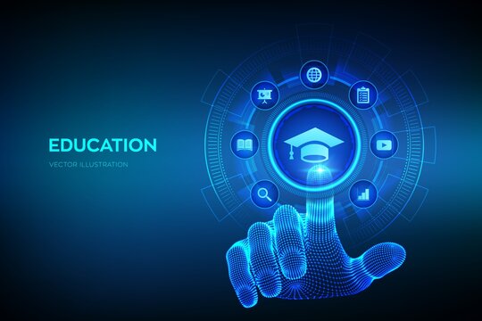 Education. Innovative online e-learning and internet technology concept. Webinar, knowledge, online training courses. Skill development. Robotic hand touching digital interface. Vector illustration.