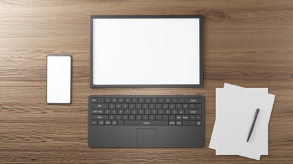 Tablet,paper,and mobile. on white background workspace mock up design illustration. 3D rendering.
