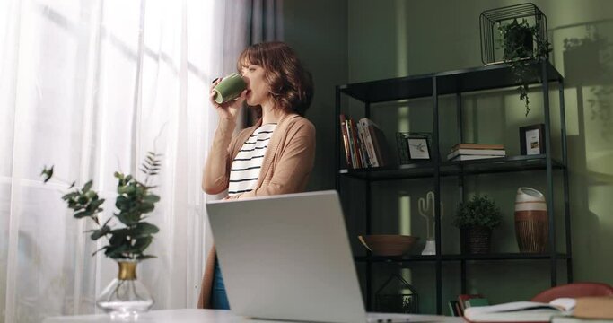 Pretty Caucasian young calm female standing in cozy room at home looking in window and drinking coffee or tea, sipping hot drink relaxing having break from studying or working on laptop