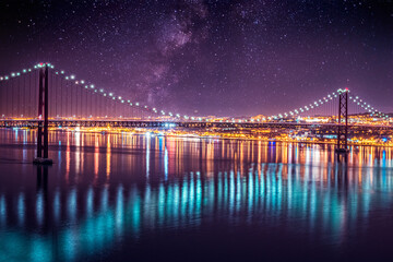 incredible night landscape. Night road bridge and starry sky. bridge over the river at night. night photo of nature