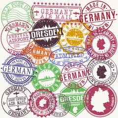 Dresden Germany Set of Stamps. Travel Stamp. Made In Product. Design Seals Old Style Insignia.