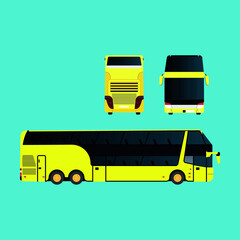 Flat style concept of public transport. Set of city bus with front and side view, bus stop and ticket machine. Isolated vector illustration.