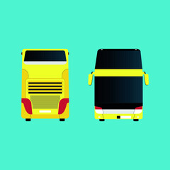 Flat style concept of public transport. Set of city bus with front and side view, bus stop and ticket machine. Isolated vector illustration.