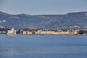 Kos Town Harbour and Neratzia Castle wall view in Kos Island.