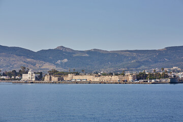 Kos Town Harbour and Neratzia Castle wall view in Kos Island.