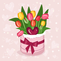 Box with multicolored tulips and heart for Valentine's Day, Women's Day, Mother's Day. A gift for a girl, mom, grandmother, girlfriend. Vector flat illustration