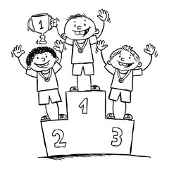 Winner boy. Hand drawn black and white  illustration of kids on a competition podium. Vector EPS. 