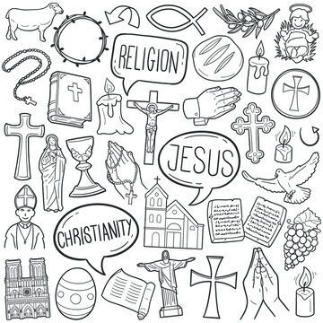 Christian Religion doodle icon set. Christianity Vector illustration collection. Cross and symbols Hand drawn Line art style.