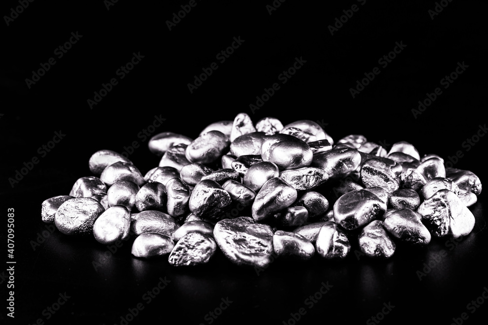 Poster platinum, rough mined stones. precious metal, used in industry, chemical element