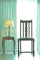 bright room of the oak chair. with side table and shade lamp. This antique furniture is made in England. clear window with reflect brightly floor. Vivid tone soft focus image.