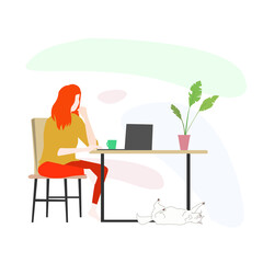 Illustration of a character who works in a sweet home with a cat.