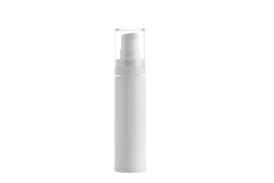 Cosmetic bottle with dispenser and transparent lid isolated on white background.
