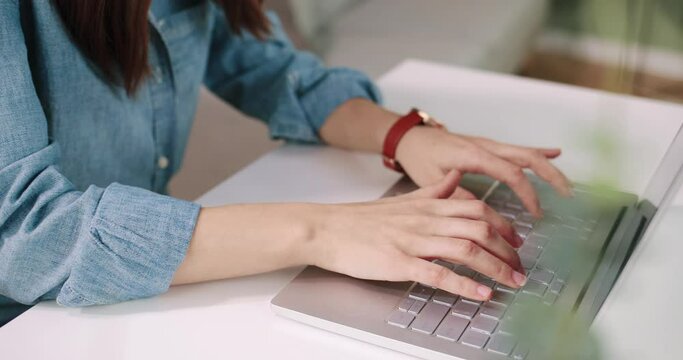 Close Up Shot Of Caucasian Female Hands Working On White Modern Computer Typing And Tapping On Keyboard Sitting At Desk In Cabinet, Woman Fingers Texting On Laptop, Digital Device, Technology Concept