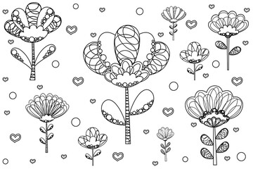 Set of black and white cute isolated doodles of abstract flowers in Scandinavian style, contour hearts, and circles. Girly clip-art for print on coloring book or page, digital stamps, logos. Vector.