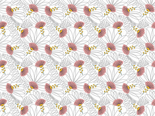Seamless pattern of childish cute stylized flowers chamomile or chrysanthemum with black hatching in Scandinavian style on white background. Cartoon floristic doodles. For fashion, wallpaper. Vector.