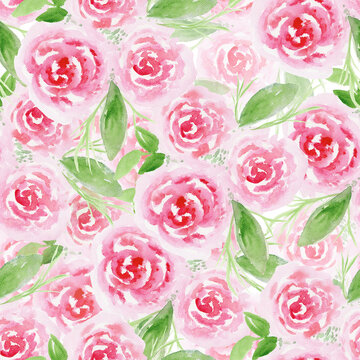 Beautiful seamless pattern with hand drawn watercolor pink roses on white background. Delicate watercolour floral texture for textile, wrapping paper, surface design, wallpaper