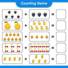 Counting game, count the number of Fruits and write the result. Educational children game, printable worksheet, vector illustration