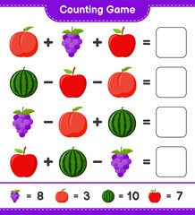 Counting game, count the number of Fruits and write the result. Educational children game, printable worksheet, vector illustration