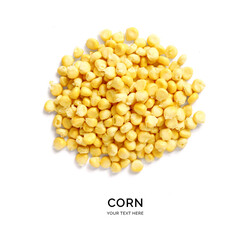 Creative layout made of yellow corn on white background. Flat lay. Food concept.