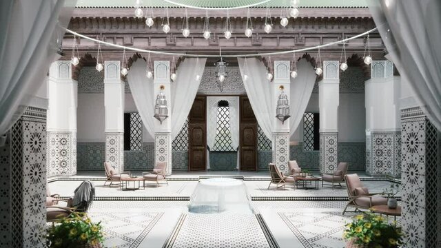 Outdoor courtyard in Moroccan style. Moroccan interior design. Architecture traditional arabian design. Courtyard in luxurious Moroccan design. 3d visualization