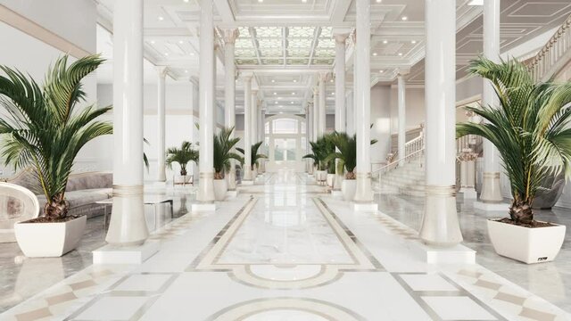Interior of a classic hall with columns. Luxurious hotel lobby interior. Hotel Design. 3d visualization.