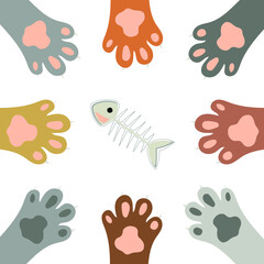 Multi-colored paws of cats that catch fish. Cute vector illustration for printing on pillow, gliders, t-shirts, covers, fabrics.