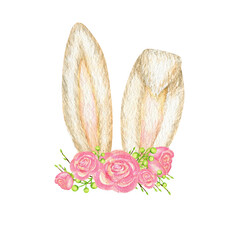 Watercolor Easter Bunny ears with pink floral crown isolated illustration on white background. Hand painted cartoon Spring Holidays Rabbit ears with roses flowers