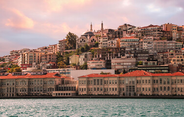 View on the bank of Bosporus Straight with Mimar Sinan Fine Art University building and Cihangir Mosque towering amid Beyoglu district of Istanbul