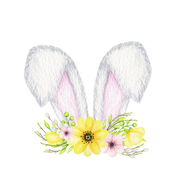 Watercolor Easter Bunny ears with floral crown isolated yellow pink illustration on white background. Hand painted cartoon Spring Holidays Rabbit ears