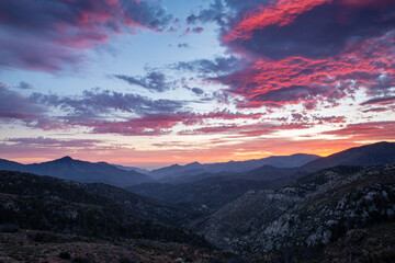 Colorful sunset over the mountains in Angeles National Forest, California