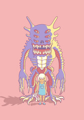 A young girl holding a teddy bear and a protection demon behind