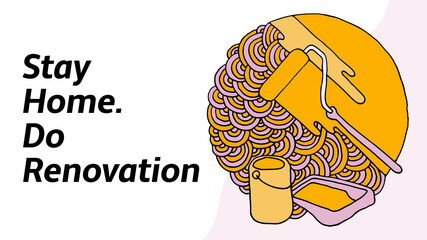 Stay home. Do renovation. Header for the site in the colored Doodle style. Horizontal banner. Lilac and yellow colors. Wall painting, paint roller. A tin of paint. What to do in quarantine. Vector EPS