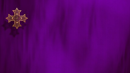 Liturgic purple velvet with golden Christian Coptic Orthodox Cross. 3D illustration background for worship live stream church sermon. Concept for Cross of Our Lord, Lent, Great and Holy Thursday.